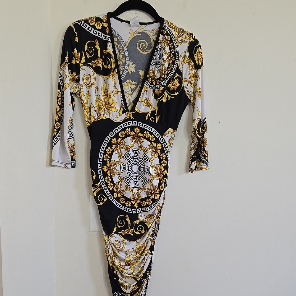 Vtg Ipona Dress Size M Black Gold White 3/4 Sleeve Slinky Bodycon Dress USA Made
